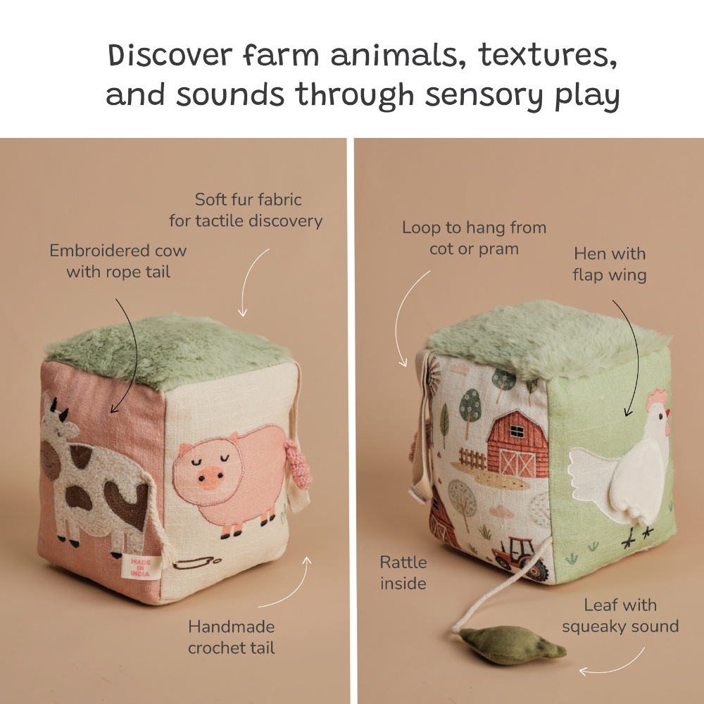 Busy Cube- Cow, Hen, Pig | Sensory toy for babies image 3